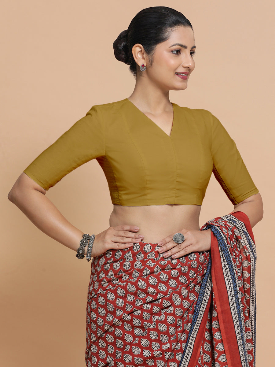 Garima x Rozaana Saree Blouse, in Yellow Cotton, featuring elbow sleeves and v-neckline, made for daily & work (view 6).