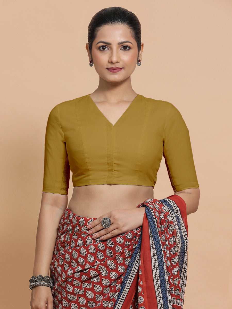 Garima x Rozaana Saree Blouse, in Yellow Cotton, featuring elbow sleeves and v-neckline, made for daily & work (view 7).
