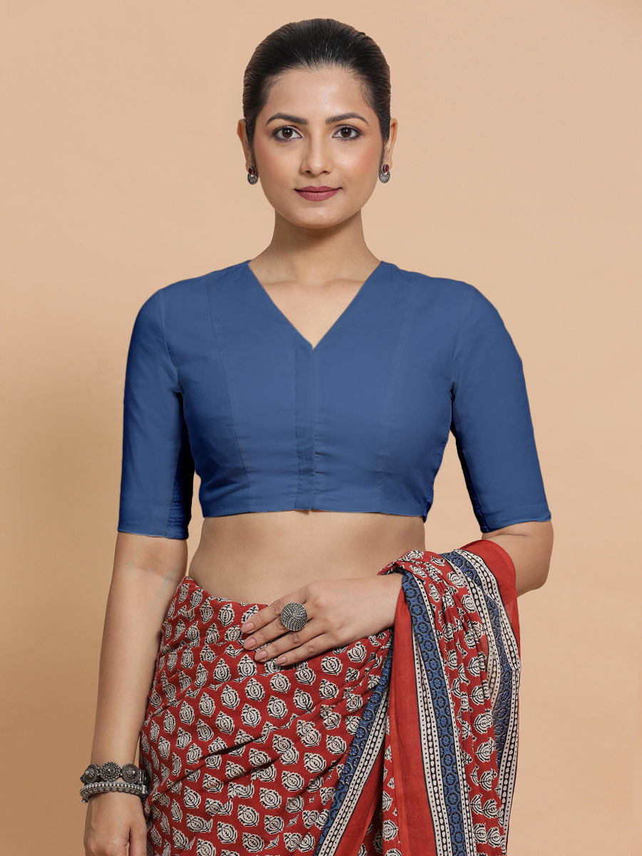 Garima x Rozaana Saree Blouse, in Blue 100% Cotton - Solid, featuring elbow sleeves and v-neckline, made for daily & work.