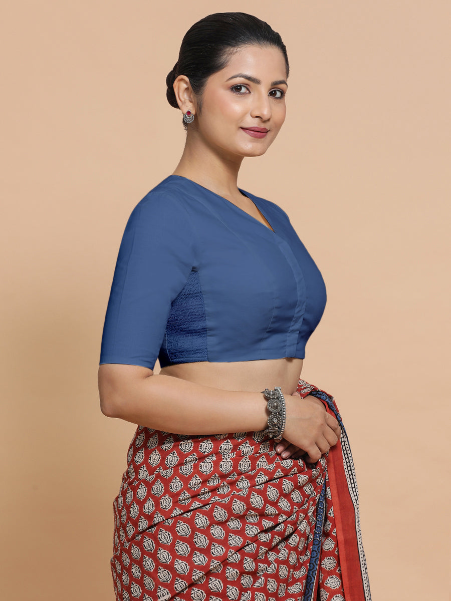 Garima x Rozaana Saree Blouse, in Blue 100% Cotton - Solid, featuring elbow sleeves and v-neckline, made for daily & work.