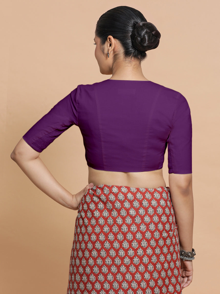 Garima x Rozaana Saree Blouse, in Purple Cotton, featuring elbow sleeves and v-neckline, made for daily & work (view 2).