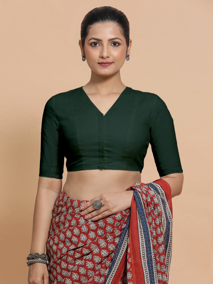 Garima x Rozaana Saree Blouse, in Green Cotton, featuring elbow sleeves and v-neckline, made for daily & work (view 4).