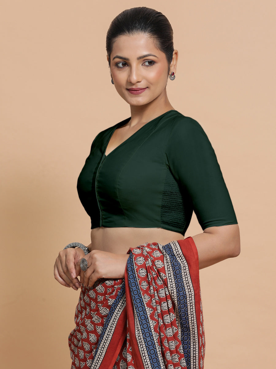 Garima x Rozaana Saree Blouse, in Green Cotton, featuring elbow sleeves and v-neckline, made for daily & work (view 5).