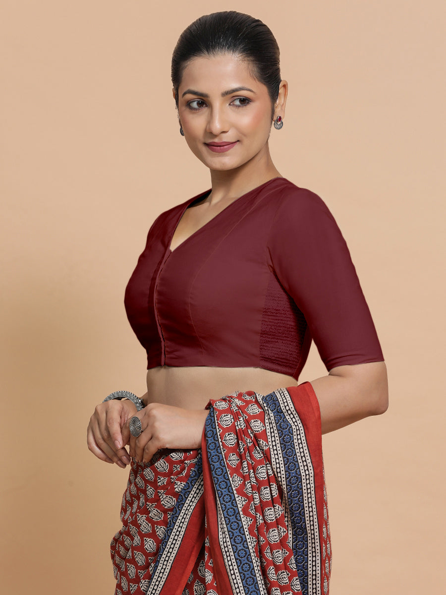 Garima x Rozaana Saree Blouse, in Maroon Cotton, featuring elbow sleeves and v-neckline, made for daily & work (view 6).