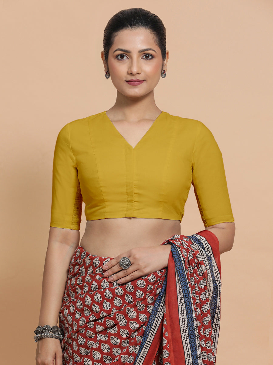 Garima x Rozaana Saree Blouse, in Yellow Cotton, featuring elbow sleeves and v-neckline, made for daily & work (view 5).