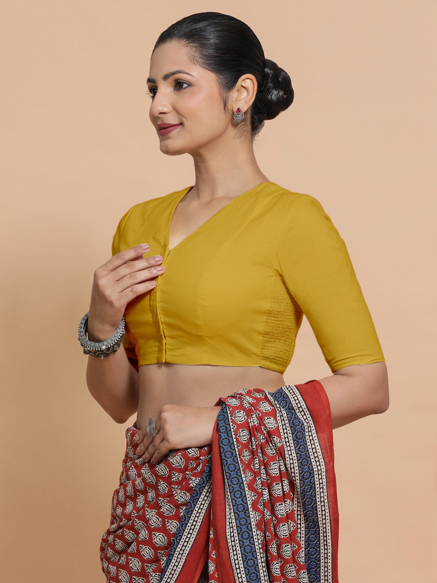 Garima x Rozaana Saree Blouse, in Yellow Cotton, featuring elbow sleeves and v-neckline, made for daily & work (view 6).