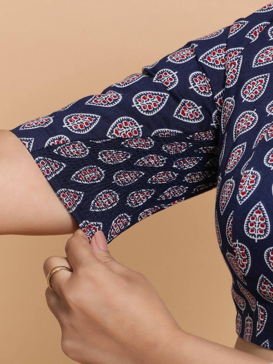Gauri x Rozaana Saree Blouse, in Blue Cotton, featuring elbow sleeves and v-neckline, made for daily & work (view 4).