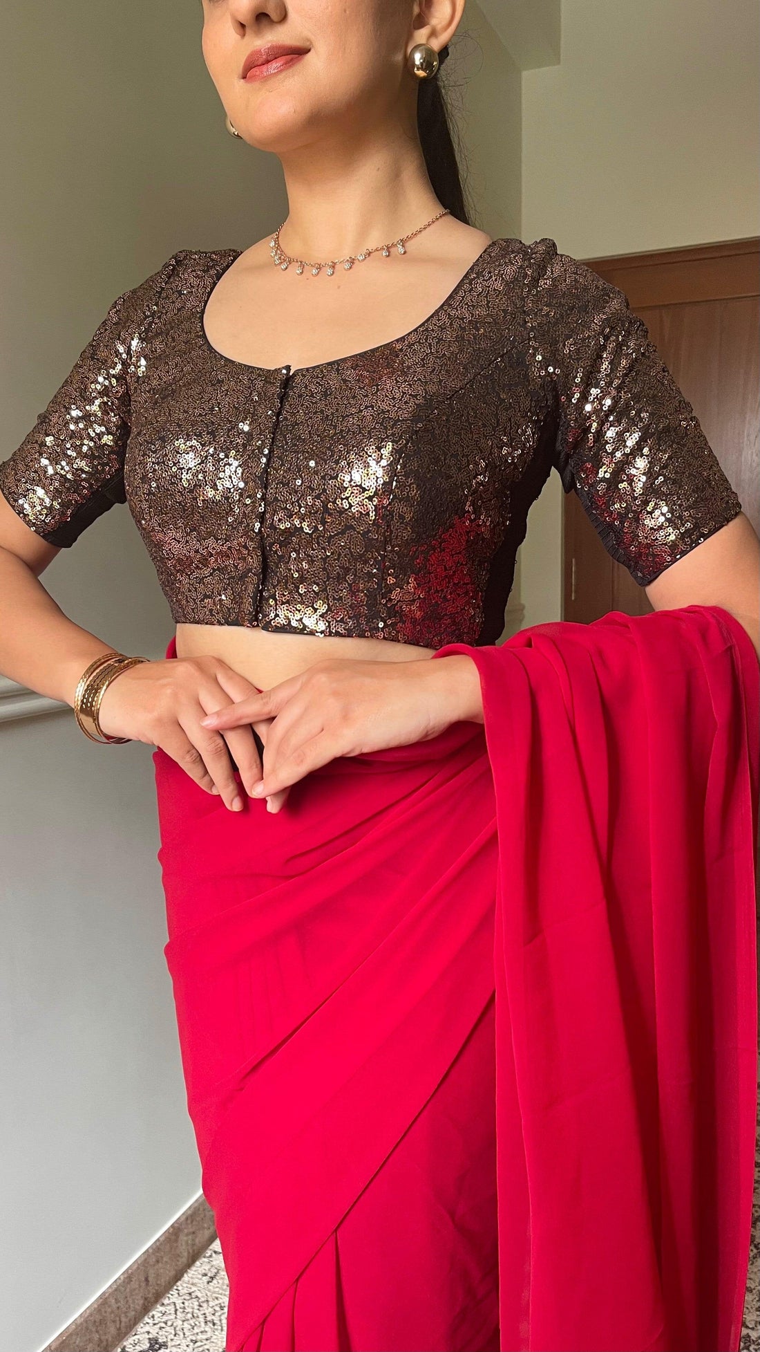 Geet x Tyohaar Saree Blouse, in Gold Sequin, featuring elbow sleeves, made for party & festive.