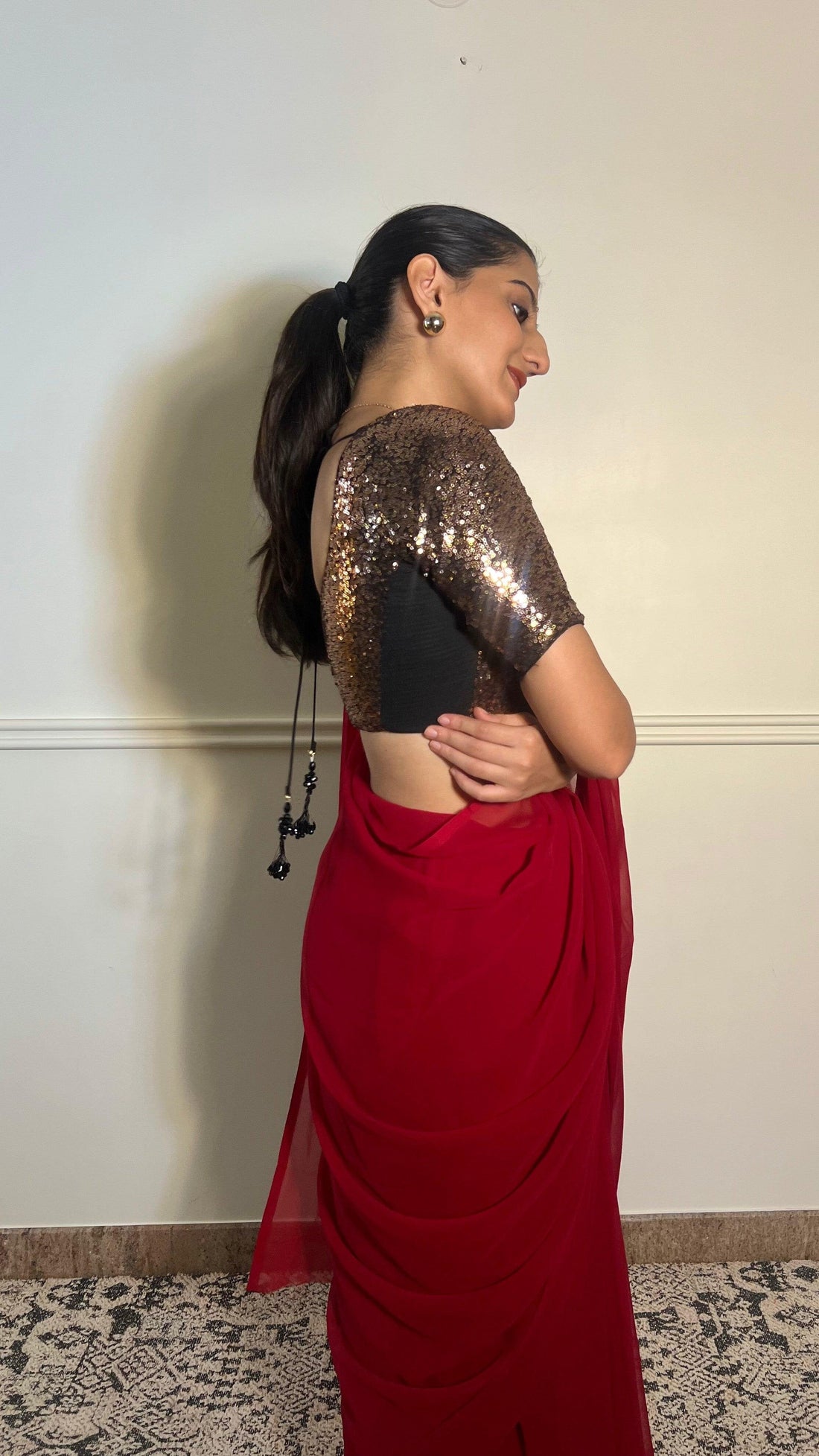 Geet x Tyohaar Saree Blouse, in Gold Sequin, featuring elbow sleeves, made for party & festive (view 3).