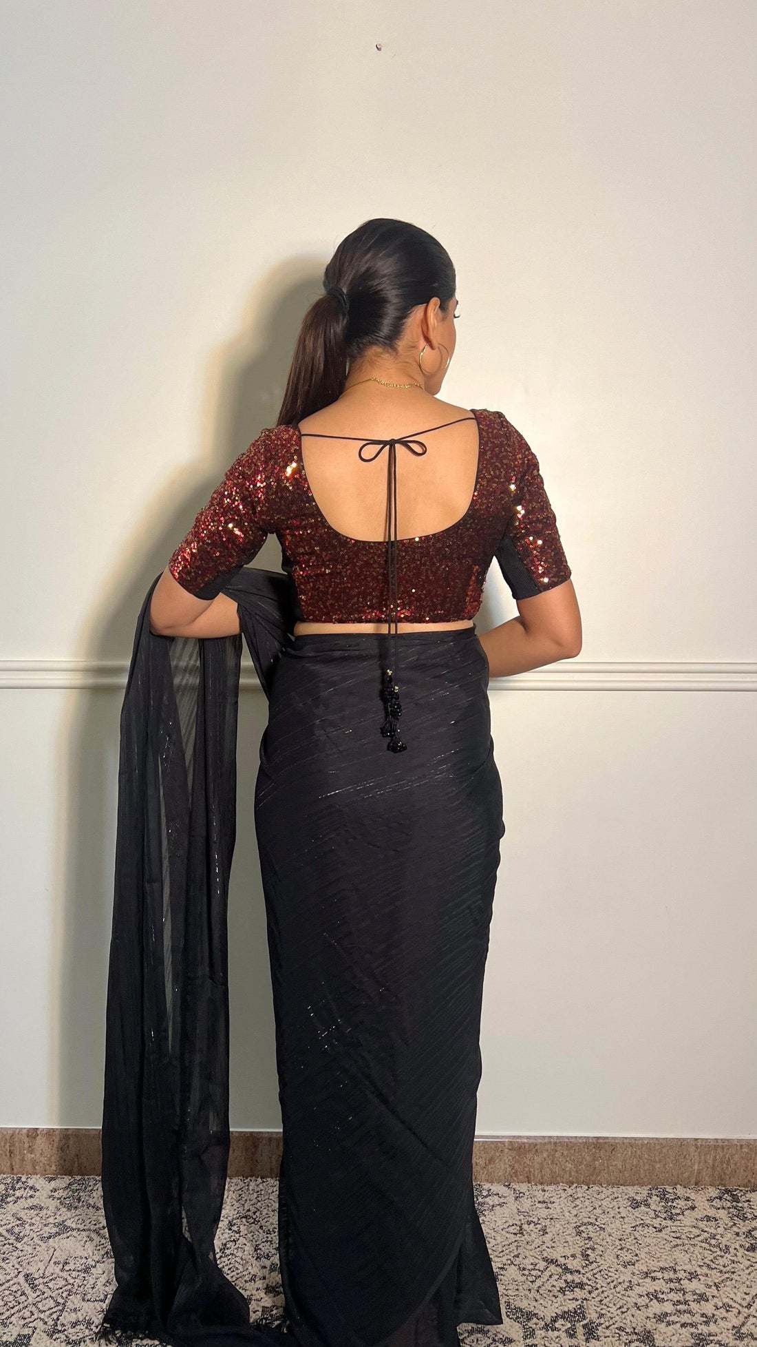 Geet x Tyohaar Saree Blouse, in Red Sequin, featuring elbow sleeves, made for party & festive (view 2).