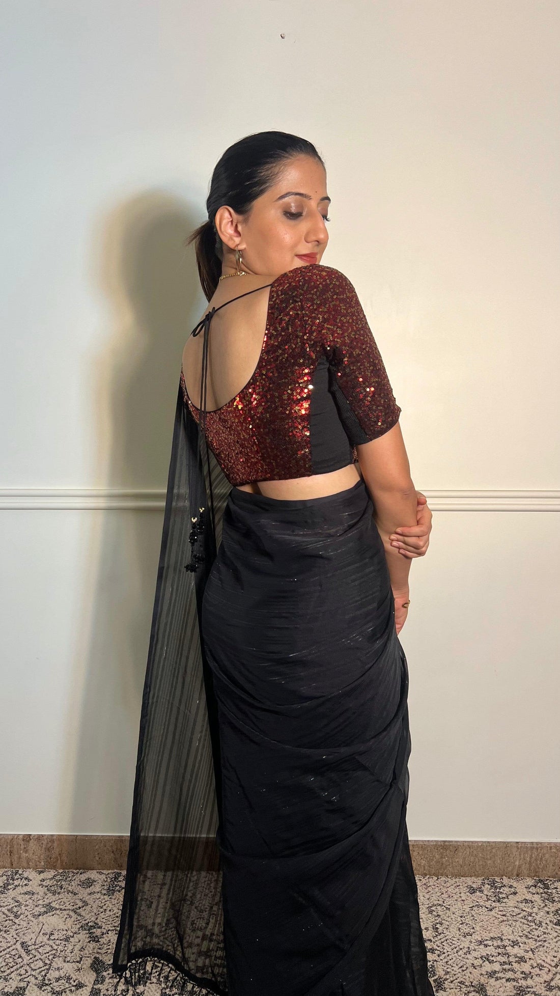 Geet x Tyohaar Saree Blouse, in Red Sequin, featuring elbow sleeves, made for party & festive (view 3).