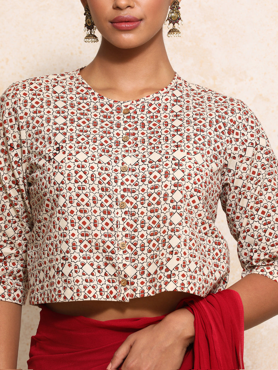 Geetika x Rozaana Saree Blouse, in Cream 100% Cotton - Block Printed, featuring elbow sleeves and jewel neckline (view 3).