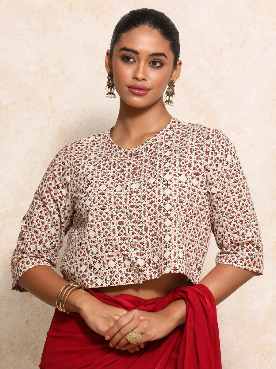 Geetika x Rozaana Saree Blouse, in Cream 100% Cotton - Block Printed, featuring elbow sleeves and jewel neckline (view 5).