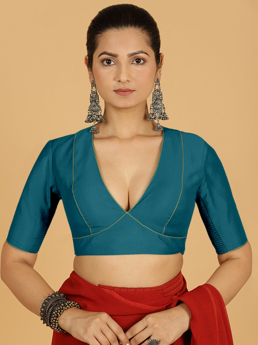 Ghazal x Rozaana Saree Blouse, in Blue Viscose, featuring elbow sleeves and curved v-neckline, made for daily & work.