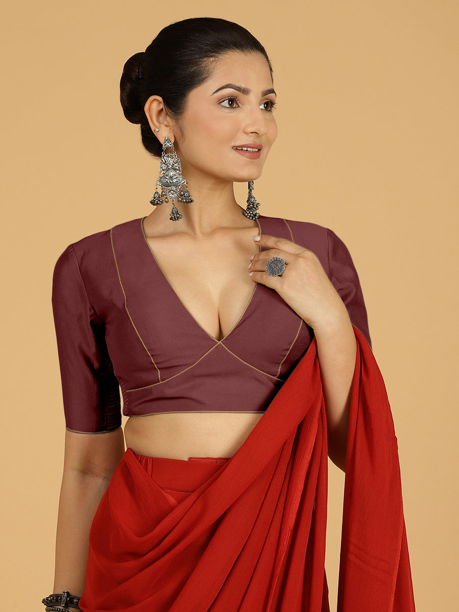 Ghazal x Rozaana Saree Blouse, in Maroon Viscose, featuring elbow sleeves and curved v-neckline, made for daily & work (view 5).