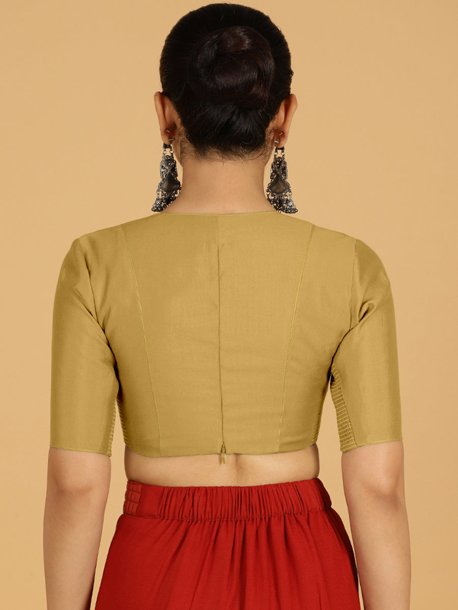 Ghazal x Rozaana Saree Blouse, in Yellow Viscose, featuring elbow sleeves and curved v-neckline, made for daily & work (view 2).