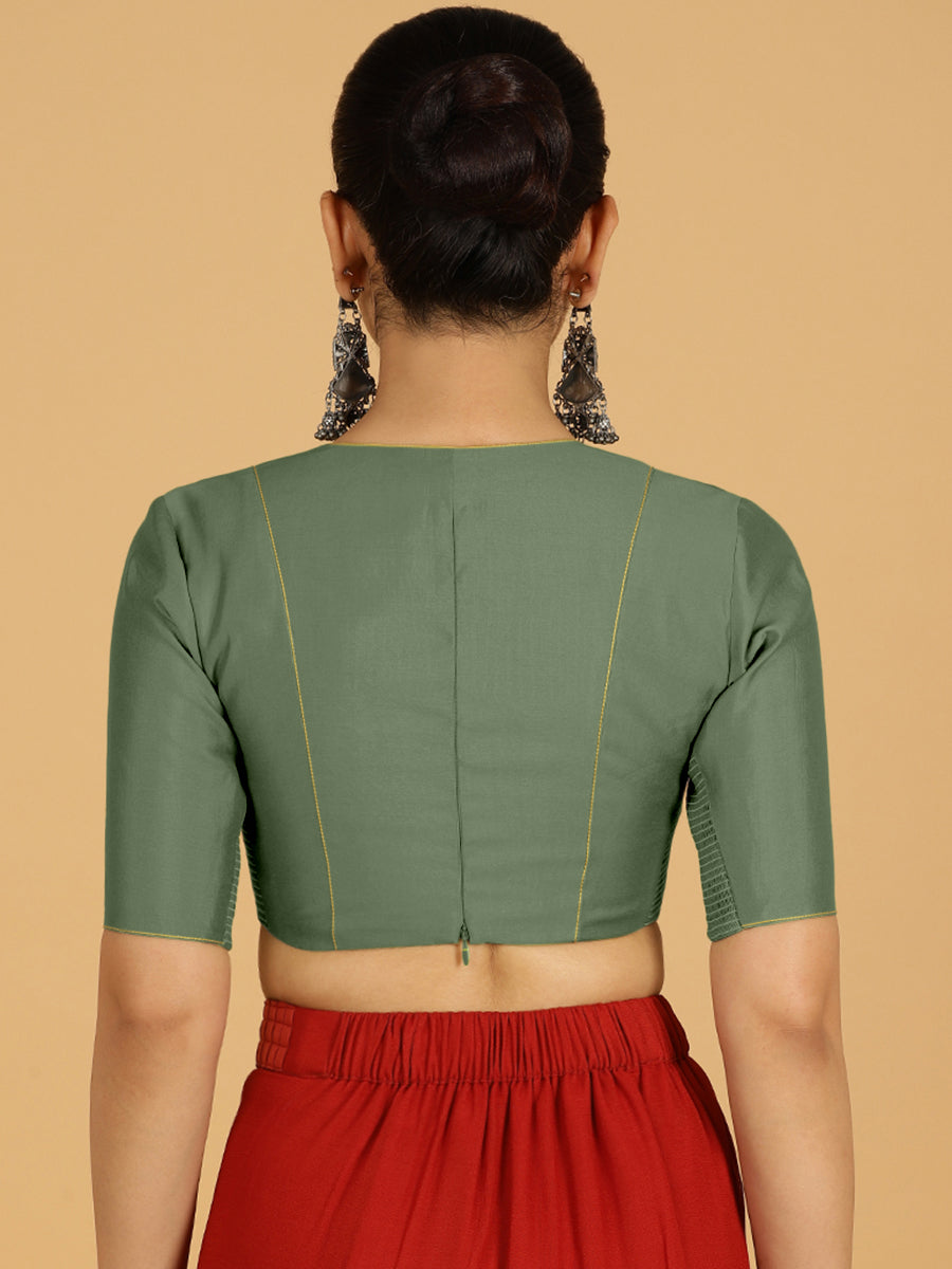 Ghazal x Rozaana Saree Blouse, in Green Viscose, featuring elbow sleeves and curved v-neckline, made for daily & work (view 2).