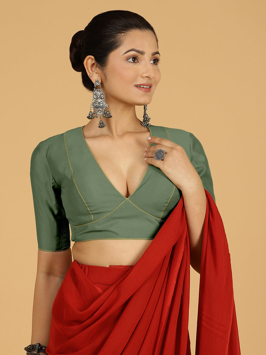 Ghazal x Rozaana Saree Blouse, in Green Viscose, featuring elbow sleeves and curved v-neckline, made for daily & work (view 5).