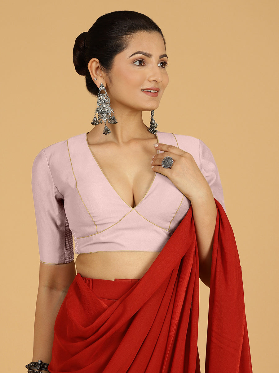 Ghazal x Rozaana Saree Blouse, in Purple Viscose, featuring elbow sleeves and curved v-neckline, made for daily & work (view 5).