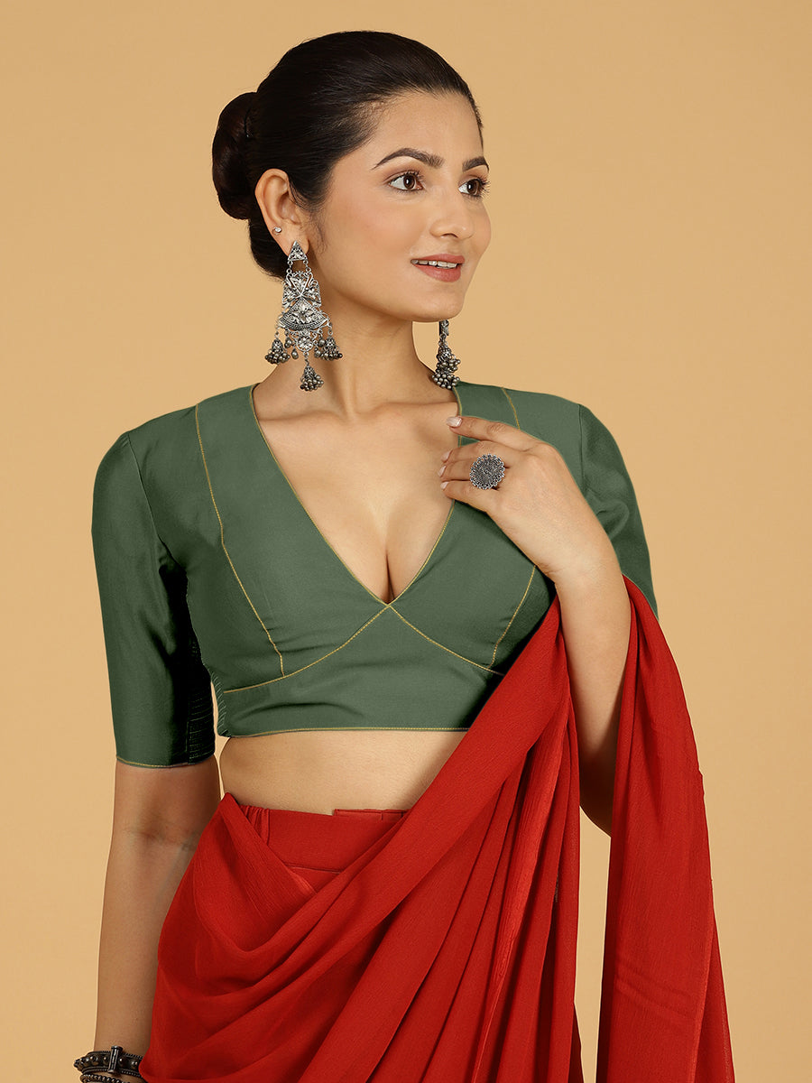 Ghazal x Rozaana Saree Blouse, in Green Viscose, featuring elbow sleeves and curved v-neckline, made for daily & work (view 5).