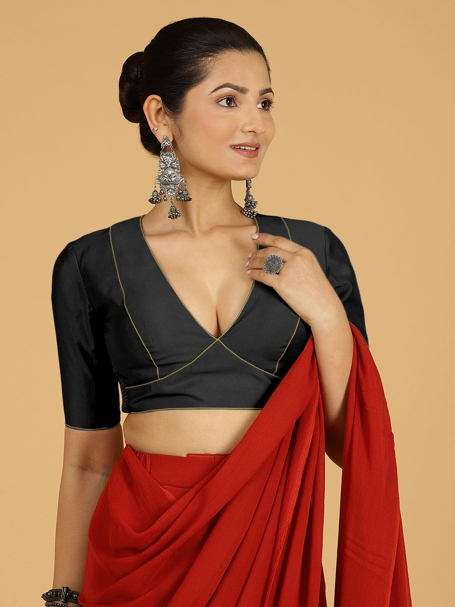 Ghazal x Rozaana Saree Blouse, in Black Viscose, featuring elbow sleeves and curved v-neckline, made for daily & work (view 5).