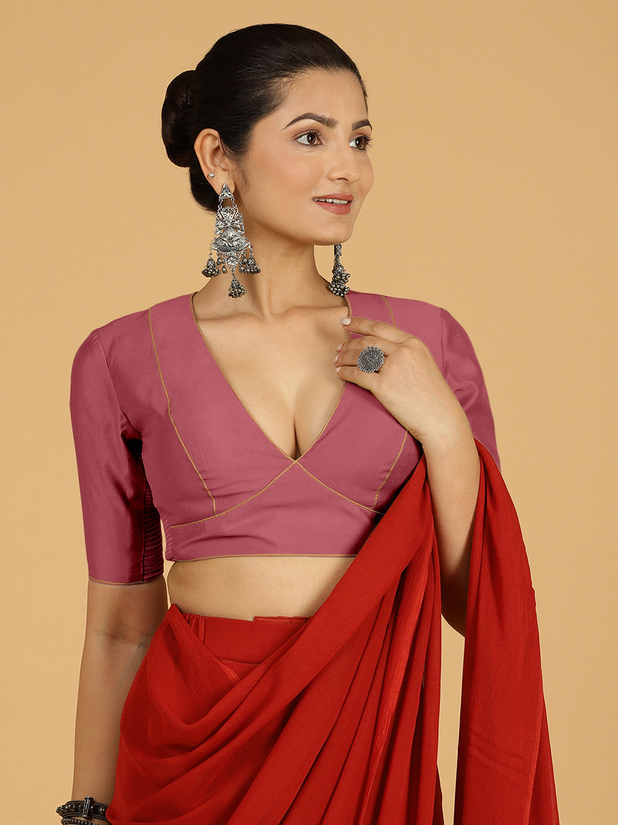 Ghazal x Rozaana Saree Blouse, in Pink Viscose, featuring elbow sleeves and curved v-neckline, made for daily & work (view 5).