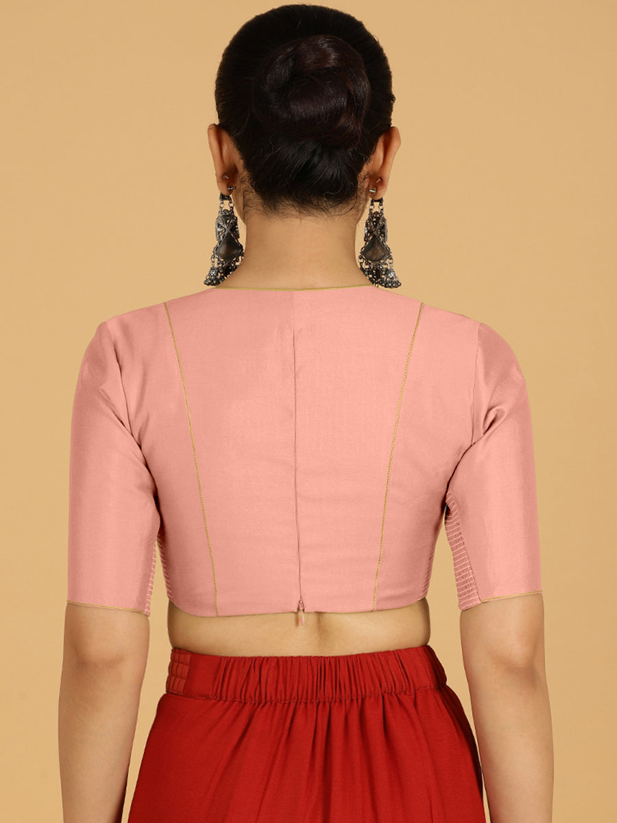 Ghazal x Rozaana Saree Blouse, in Pink Viscose, featuring elbow sleeves and curved v-neckline, made for daily & work (view 2).