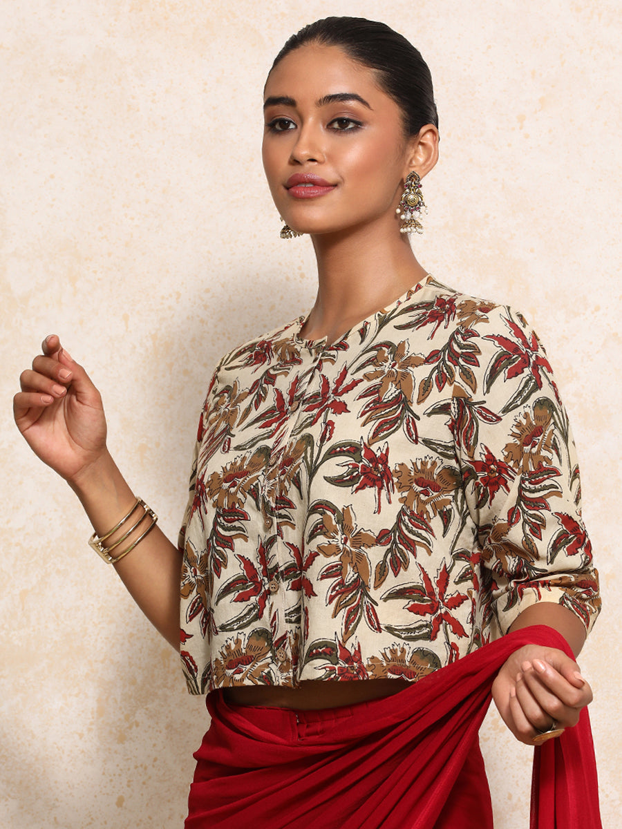 Harshita x Rozaana | Elbow Sleeves Saree Blouse in Cream Blossom Block Print Cotton