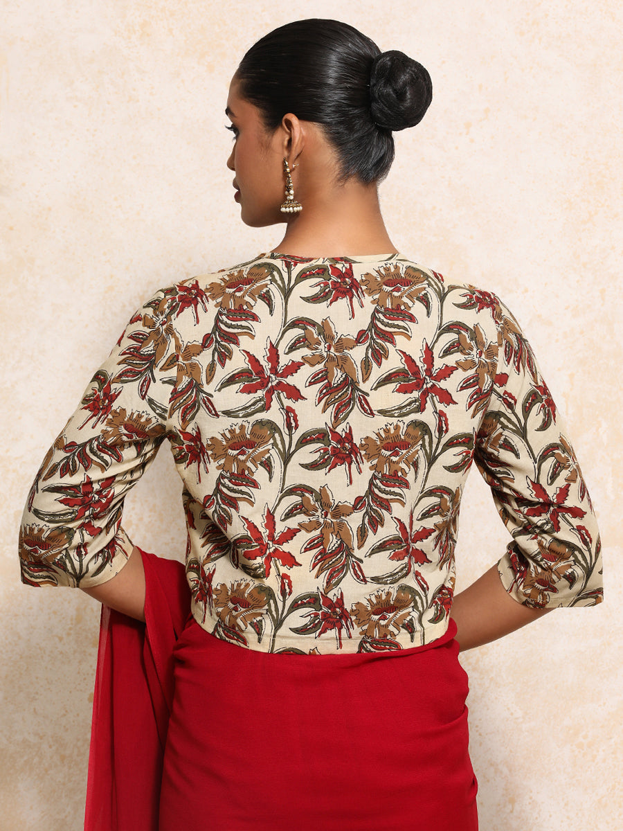Harshita x Rozaana Saree Blouse, in Cream 100% Cotton - Block Printed, featuring elbow sleeves and jewel neckline (view 2).