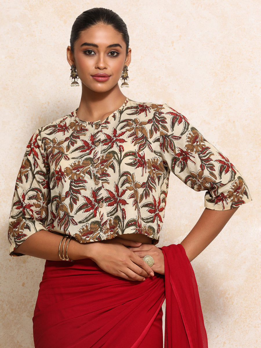 Harshita x Rozaana Saree Blouse, in Cream 100% Cotton - Block Printed, featuring elbow sleeves and jewel neckline (view 5).