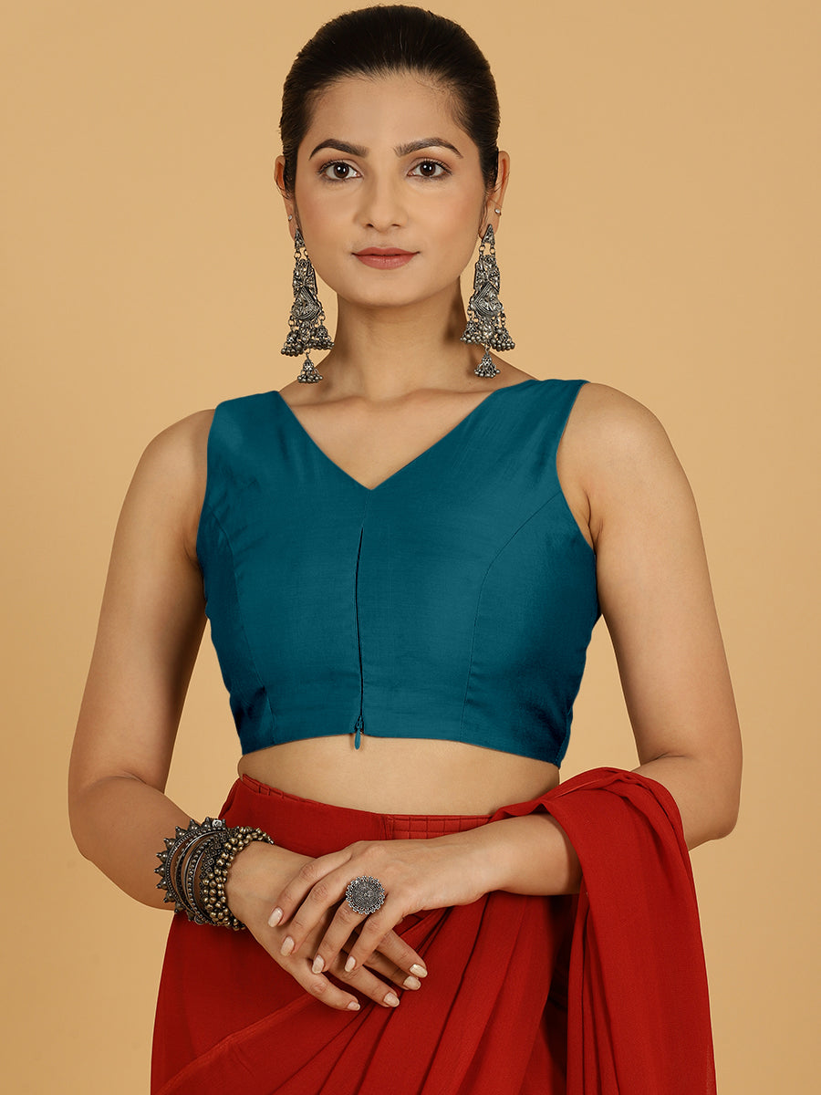 Hema x Rozaana Saree Blouse, in Blue Viscose, featuring sleeveless and v-neckline, made for daily & work (view 5).