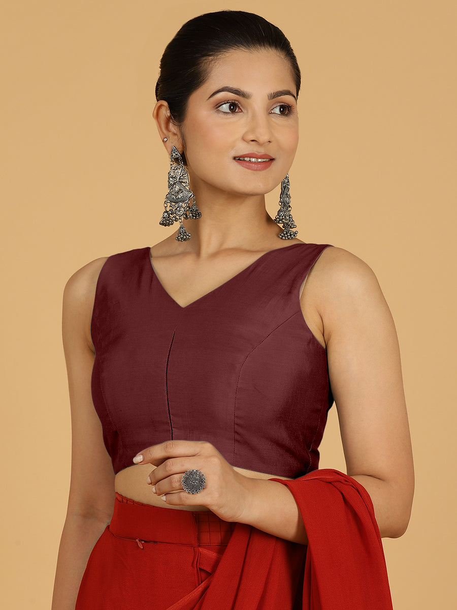 Hema x Rozaana Saree Blouse, in Maroon Viscose, featuring sleeveless and v-neckline, made for daily & work.