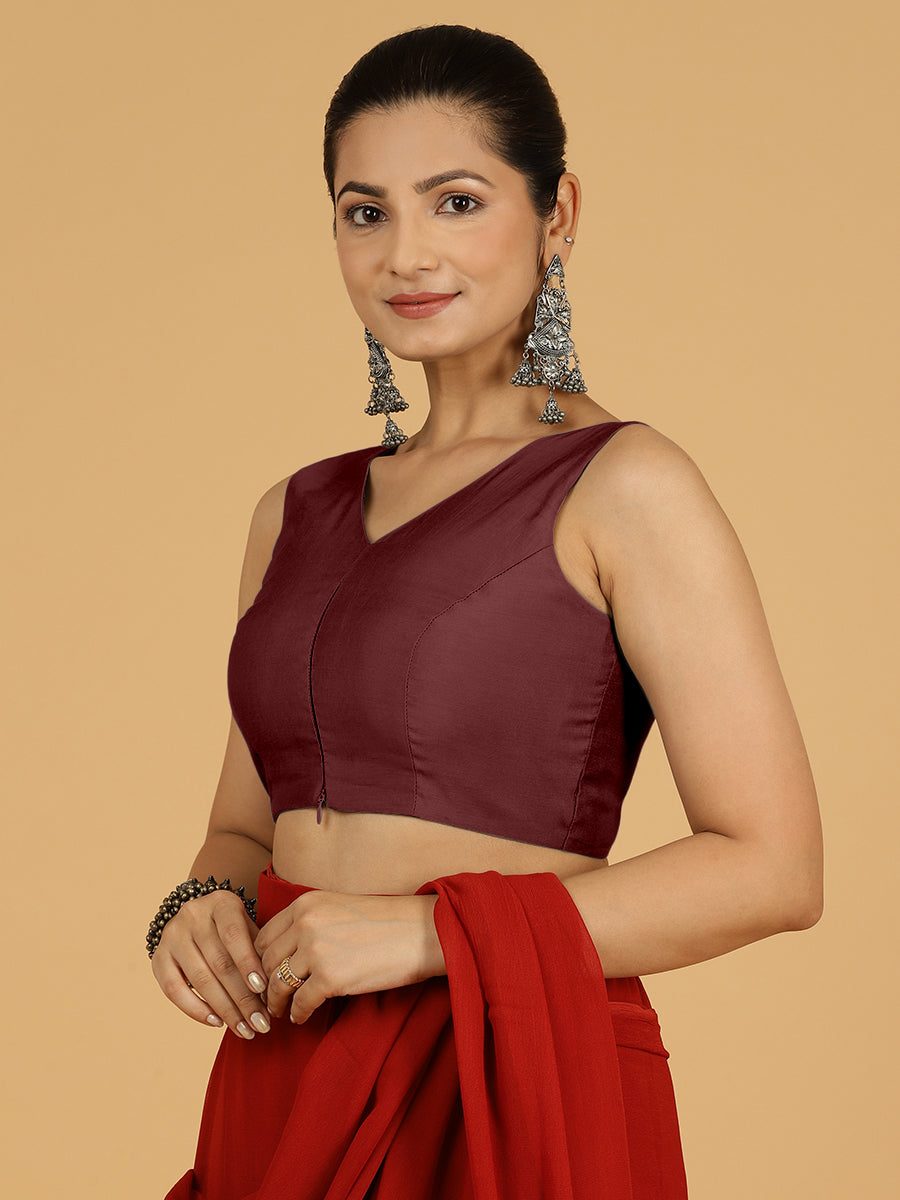 Hema x Rozaana Saree Blouse, in Maroon Viscose, featuring sleeveless and v-neckline, made for daily & work (view 6).