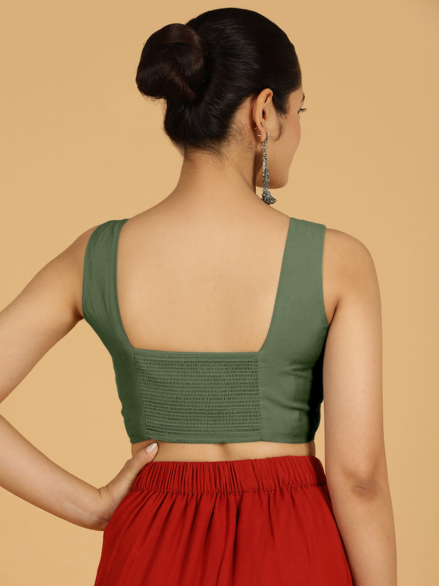 Hema x Rozaana Saree Blouse, in Green Viscose, featuring sleeveless and v-neckline, made for daily & work (view 2).