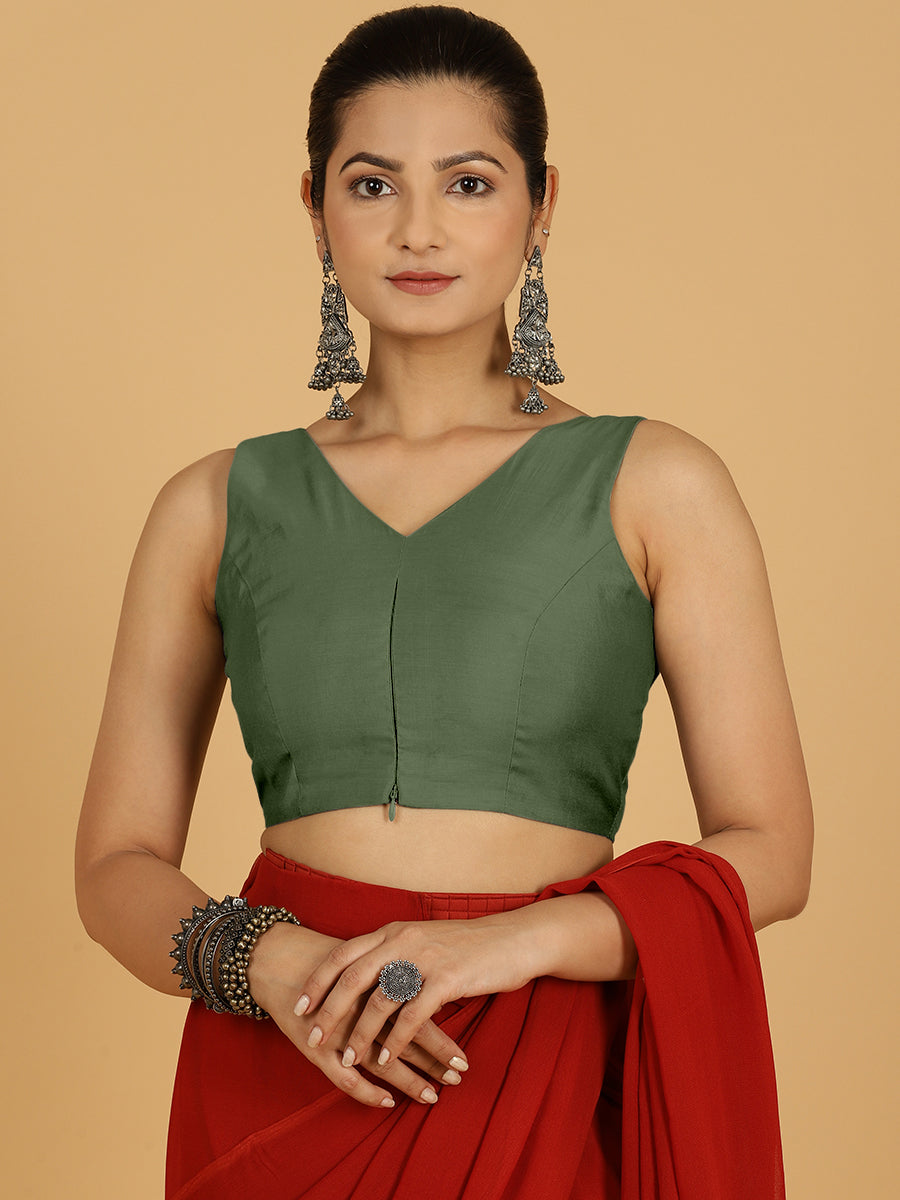 Hema x Rozaana Saree Blouse, in Green Viscose, featuring sleeveless and v-neckline, made for daily & work (view 5).