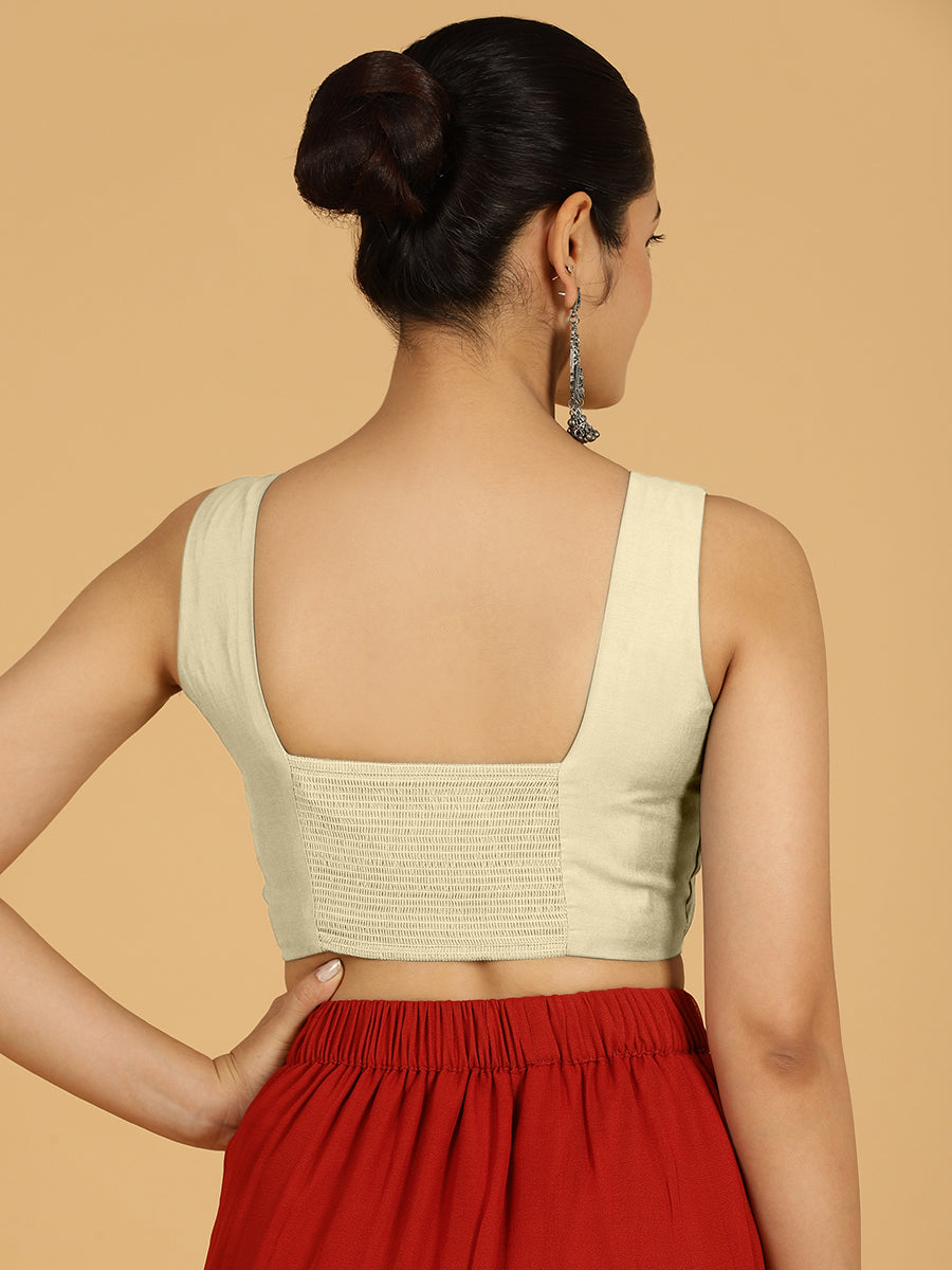 Hema x Rozaana Saree Blouse, in White Viscose, featuring sleeveless and v-neckline, made for daily & work (view 2).