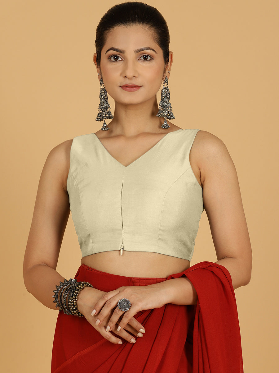 Hema x Rozaana Saree Blouse, in White Viscose, featuring sleeveless and v-neckline, made for daily & work (view 5).