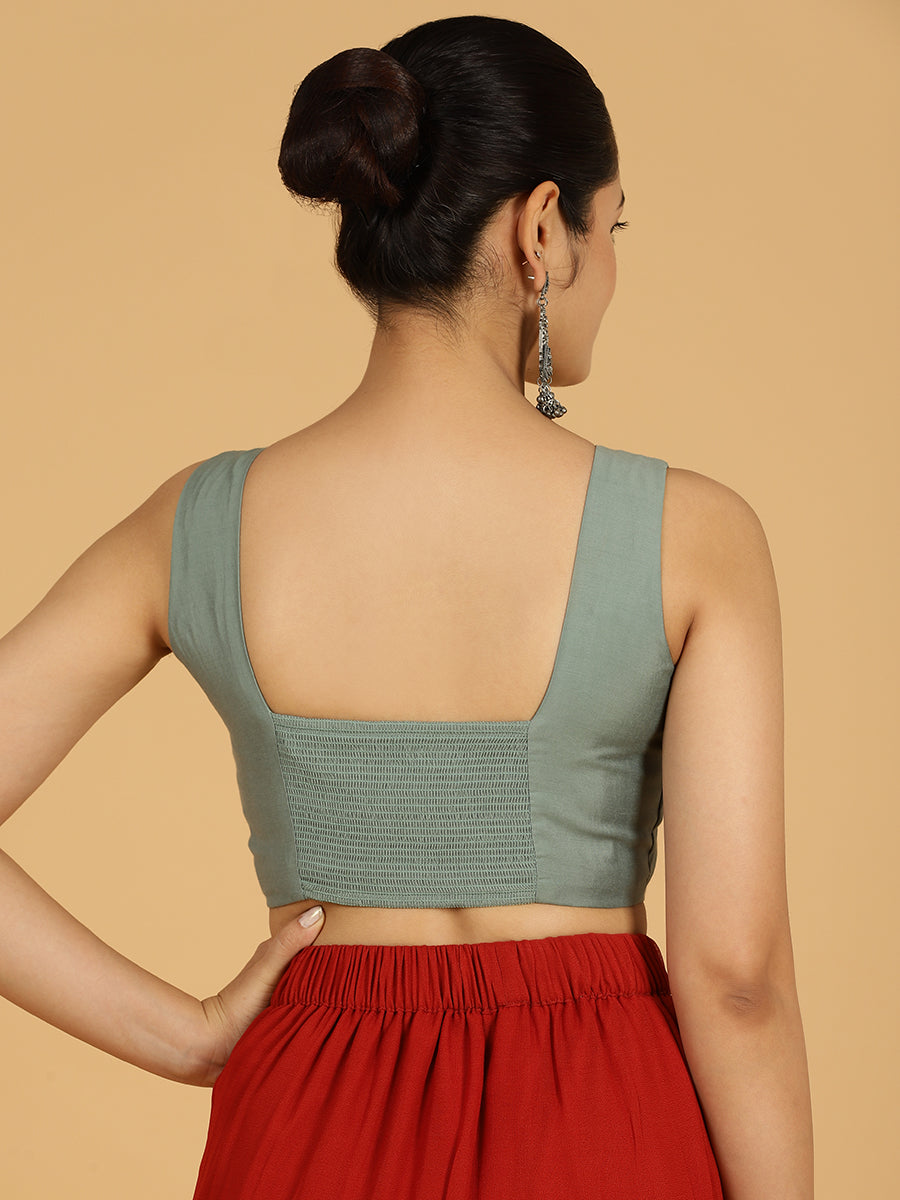 Hema x Rozaana Saree Blouse, in Green Viscose, featuring sleeveless and v-neckline, made for daily & work (view 2).