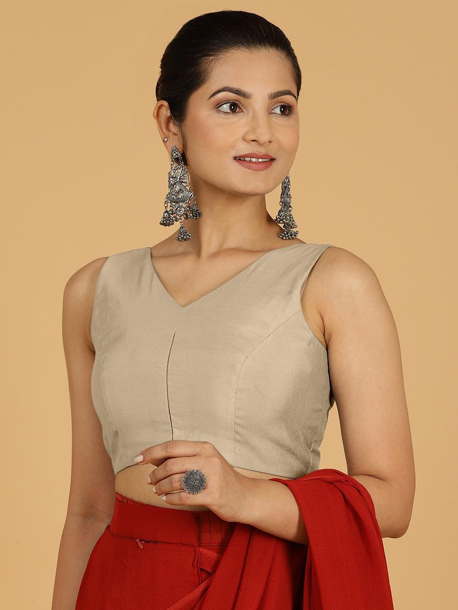 Hema x Rozaana Saree Blouse, in Grey Viscose, featuring sleeveless and v-neckline, made for daily & work (view 4).