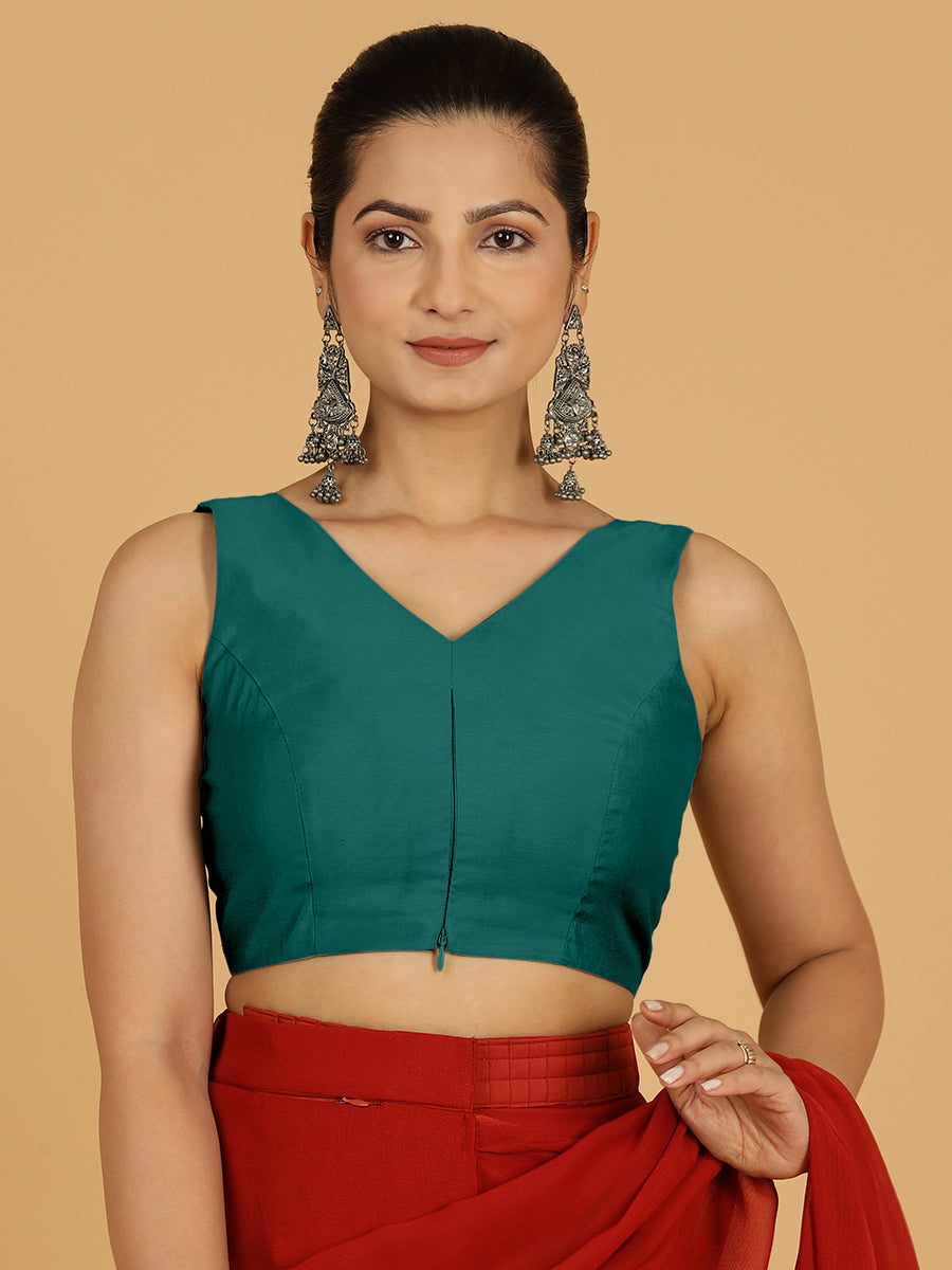 Hema x Rozaana Saree Blouse, in Green Viscose, featuring sleeveless and v-neckline, made for daily & work.