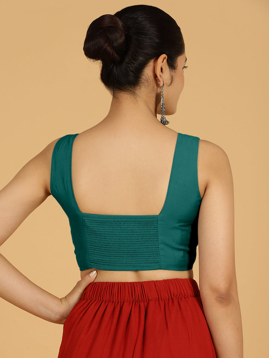 Hema x Rozaana Saree Blouse, in Green Viscose, featuring sleeveless and v-neckline, made for daily & work (view 2).