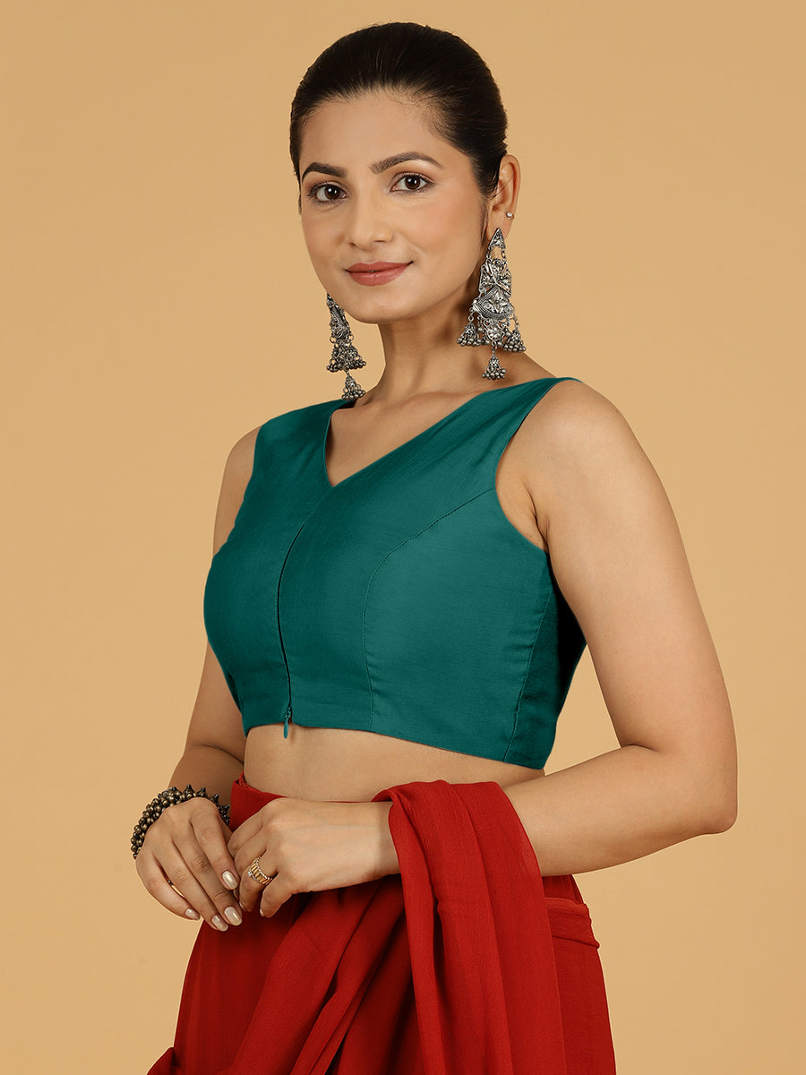 Hema x Rozaana Saree Blouse, in Green Viscose, featuring sleeveless and v-neckline, made for daily & work (view 7).