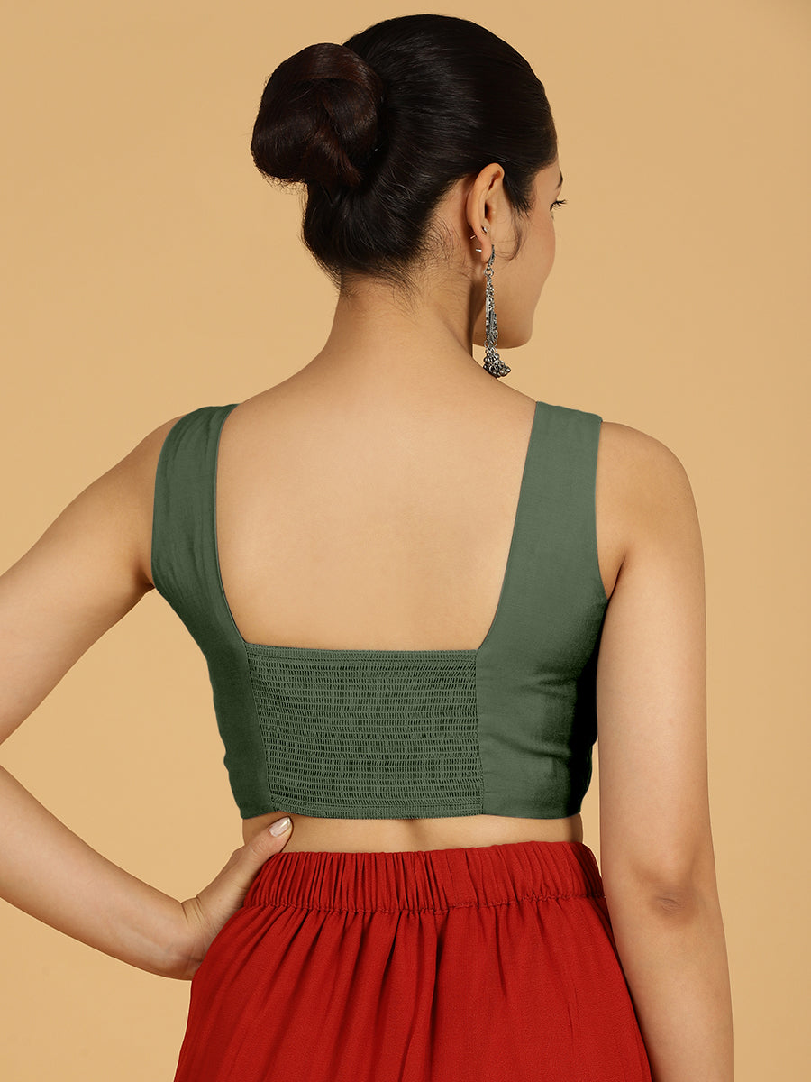 Hema x Rozaana Saree Blouse, in Green Viscose, featuring sleeveless and v-neckline, made for daily & work (view 2).