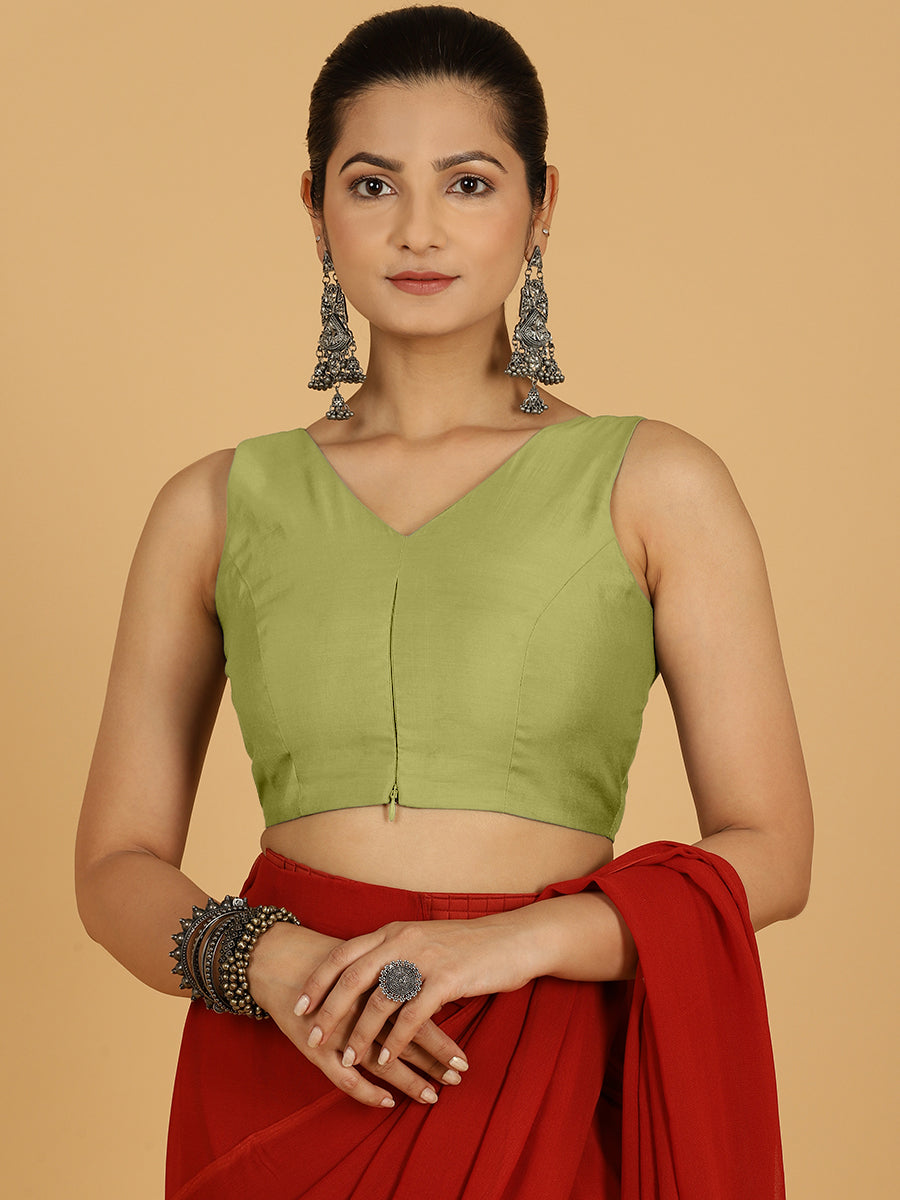 Hema x Rozaana Saree Blouse, in Green Viscose, featuring sleeveless and v-neckline, made for daily & work (view 5).