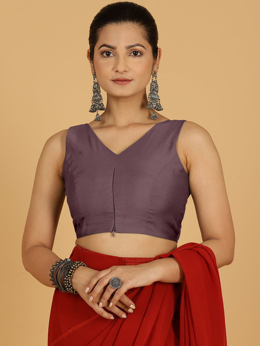 Hema x Rozaana Saree Blouse, in Purple Viscose, featuring sleeveless and v-neckline, made for daily & work (view 4).