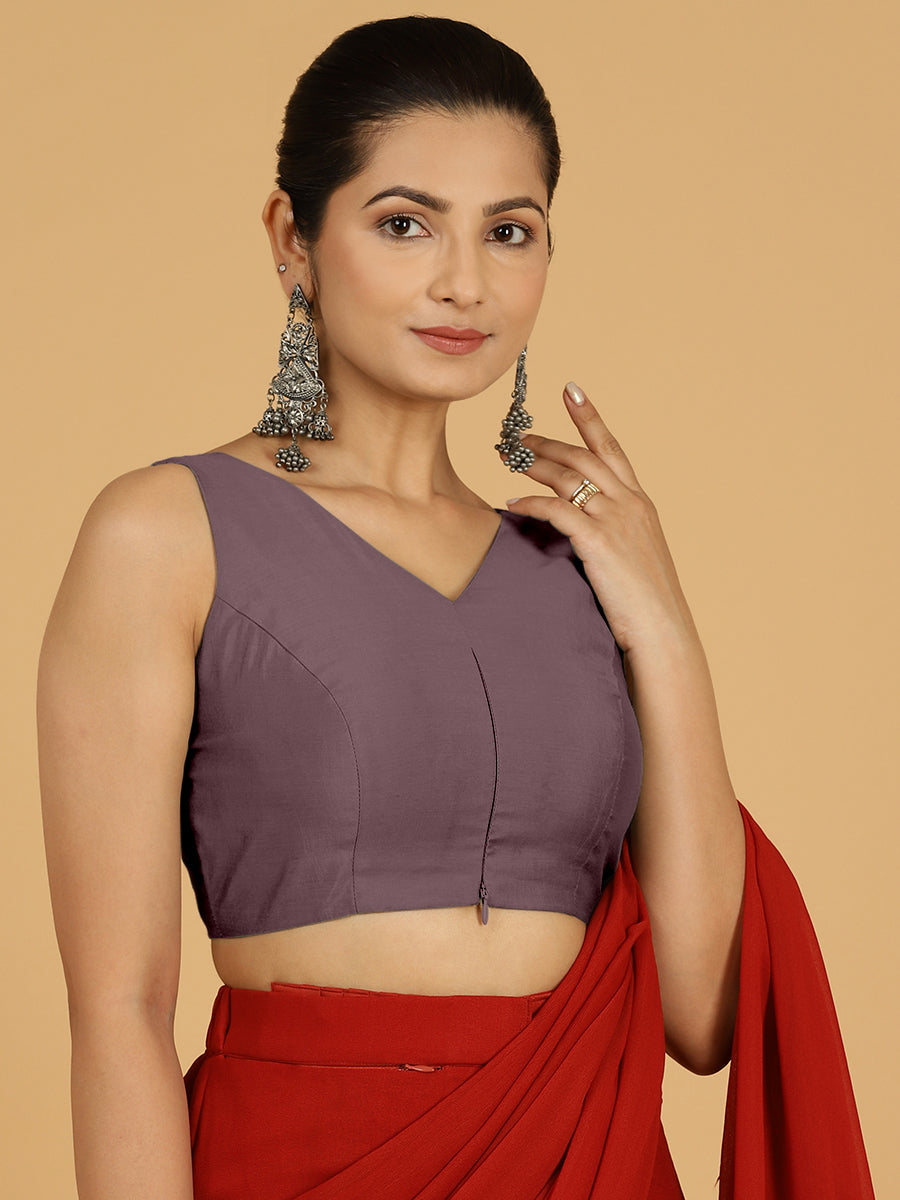 Hema x Rozaana Saree Blouse, in Purple Viscose, featuring sleeveless and v-neckline, made for daily & work (view 7).