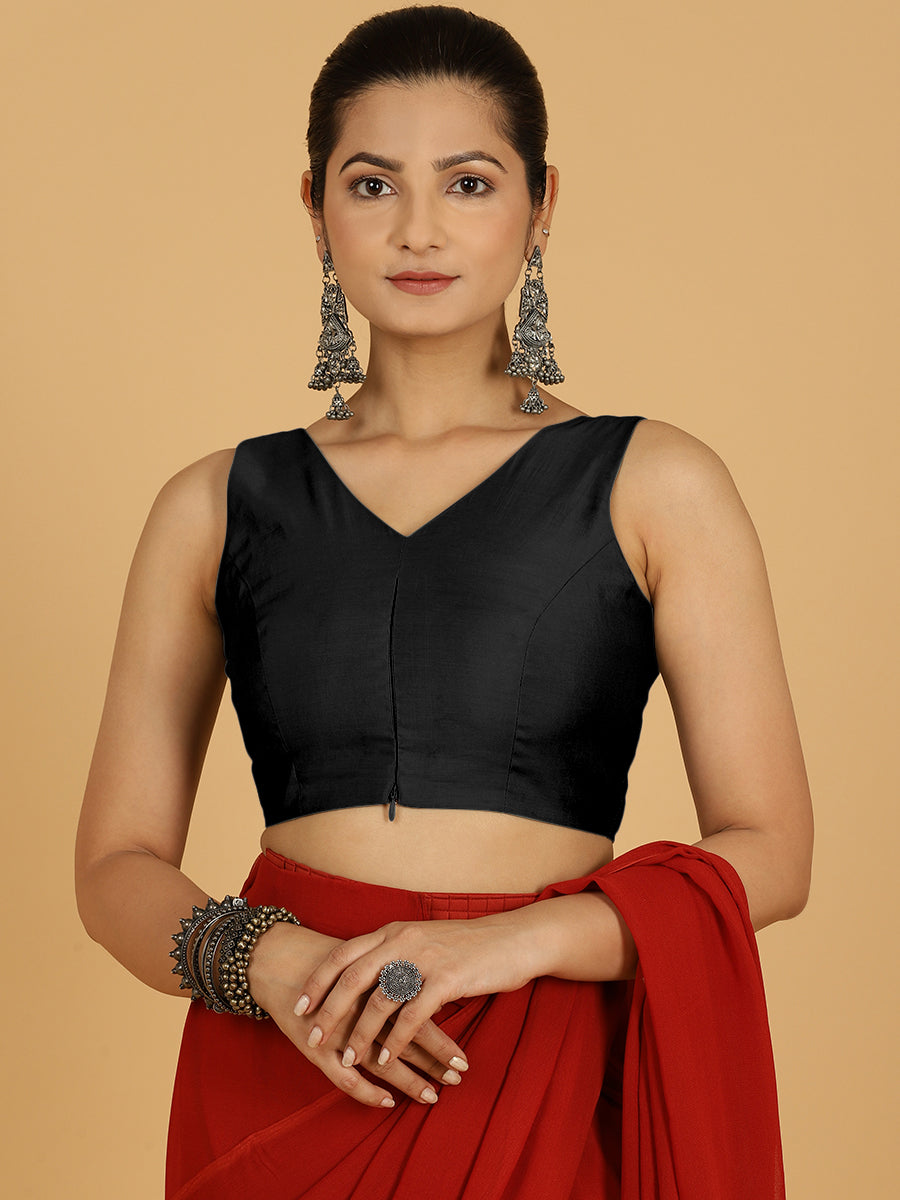 Hema x Rozaana Saree Blouse, in Black Viscose, featuring sleeveless and v-neckline, made for daily & work.