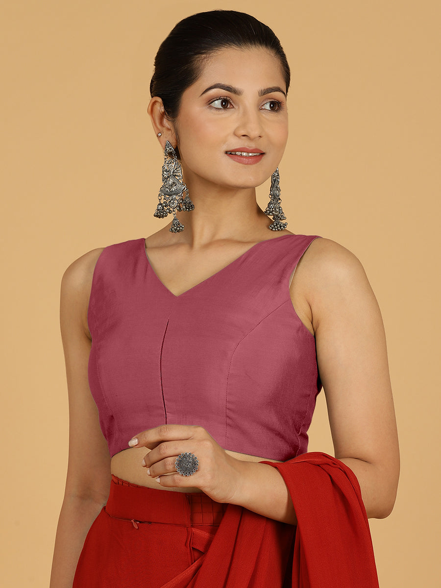 Hema x Rozaana Saree Blouse, in Pink Viscose, featuring sleeveless and v-neckline, made for daily & work (view 4).