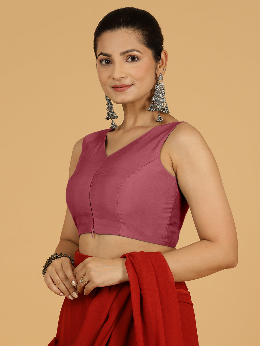 Hema x Rozaana Saree Blouse, in Pink Viscose, featuring sleeveless and v-neckline, made for daily & work (view 6).