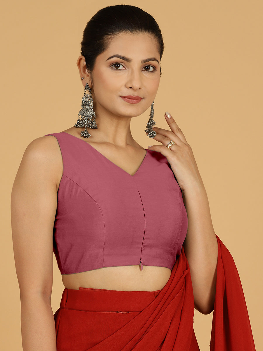 Hema x Rozaana Saree Blouse, in Pink Viscose, featuring sleeveless and v-neckline, made for daily & work (view 7).